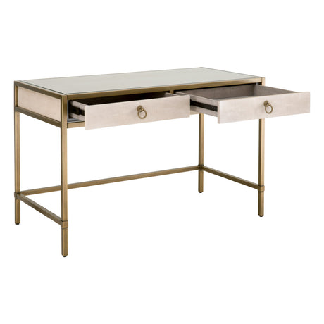 Strand Shagreen Desk in White Shagreen, Brushed Gold, Clear Glass - 6124.WHT-SHG/GLD