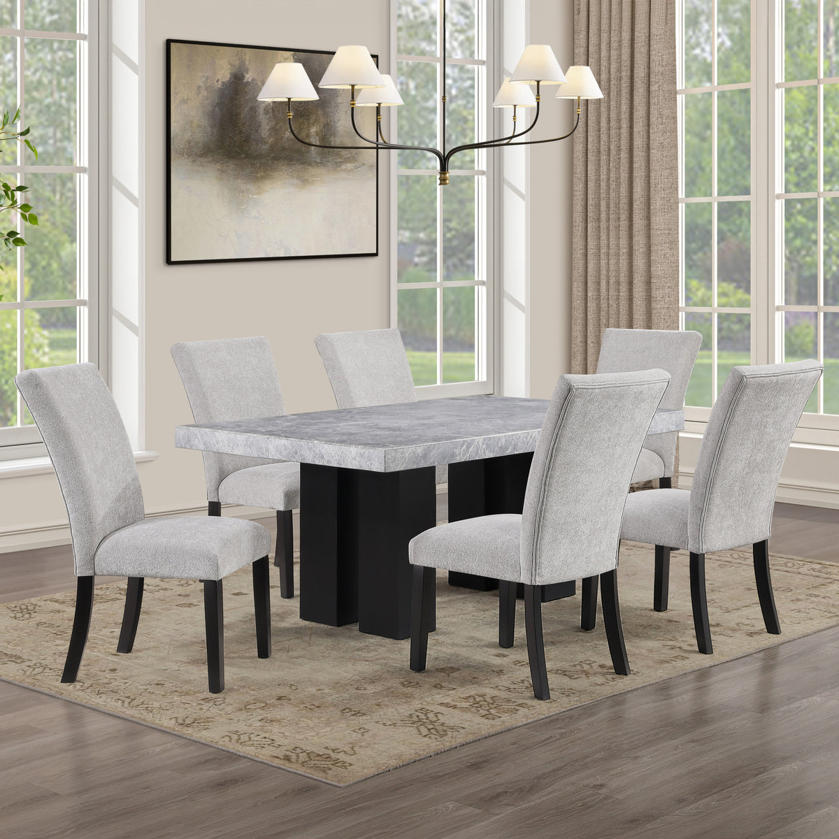 Artemis Gray 7-Piece 70" Marble Dining Table with 6 Chenille Side Chairs from Steve Silver - Luna Furniture