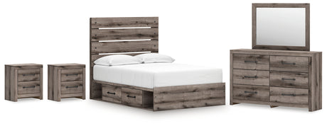 Graystorm Full Panel Bed with Storage with Mirrored Dresser and 2 Nightstands in Brown Gray from Ashley - Luna Furniture