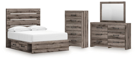 Graystorm Full Panel Bed with Storage with Mirrored Dresser and Chest in Brown Gray from Ashley - Luna Furniture