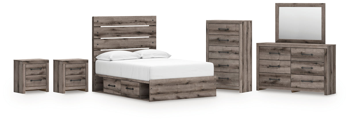 Graystorm Full Panel Bed with Storage with Mirrored Dresser, Chest and 2 Nightstands in Brown Gray from Ashley - Luna Furniture