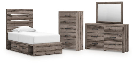 Graystorm Twin Panel Bed with Storage with Mirrored Dresser and Chest in Brown Gray from Ashley - Luna Furniture