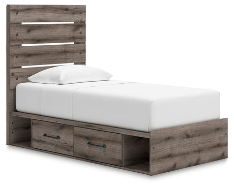 Graystorm Twin Panel Bed with Storage with Mirrored Dresser and Nightstand in Brown Gray from Ashley - Luna Furniture