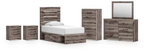 Graystorm Twin Panel Bed with Storage with Mirrored Dresser, Chest and 2 Nightstands in Brown Gray from Ashley - Luna Furniture