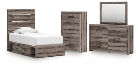 Graystorm Twin Panel Storage Bed with Mirrored Dresser and Chest in Brown Gray from Ashley - Luna Furniture