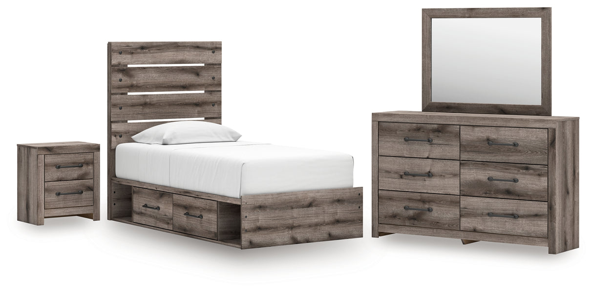 Graystorm Twin Panel Storage Bed with Mirrored Dresser and Nightstand in Brown Gray from Ashley - Luna Furniture