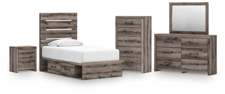 Graystorm Twin Panel Storage Bed with Mirrored Dresser, Chest and Nightstand in Brown Gray from Ashley - Luna Furniture