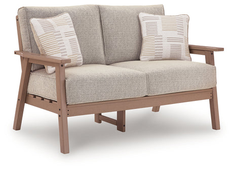 Grover Beach Driftwood Outdoor Loveseat with Cushion from Ashley Furniture - Luna Furniture