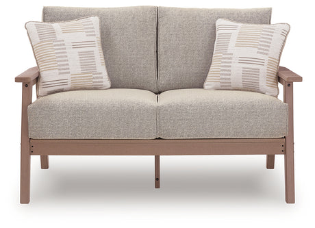 Grover Beach Driftwood Outdoor Loveseat with Cushion from Ashley Furniture - Luna Furniture