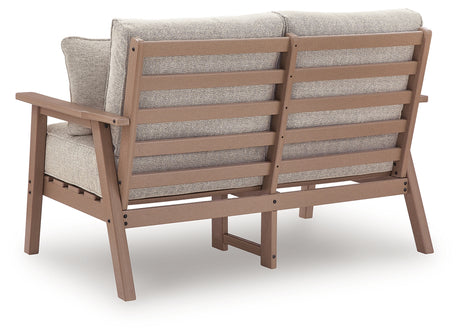 Grover Beach Driftwood Outdoor Loveseat with Cushion from Ashley Furniture - Luna Furniture