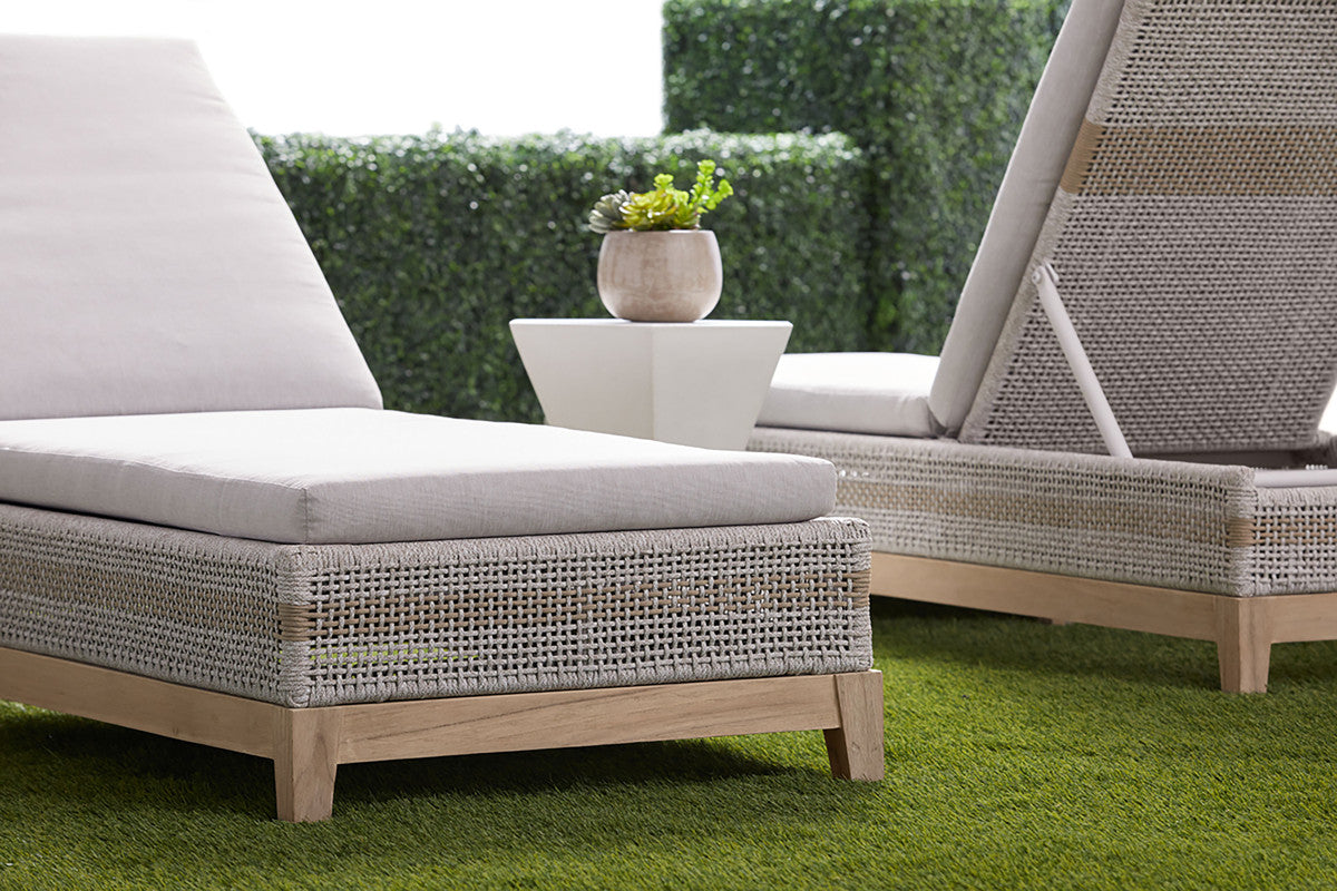 Tapestry Outdoor Chaise Lounge in Taupe & White Flat Rope, Taupe Stripe, Performance Pumice, Gray Teak from Essentials For Living - Luna Furniture