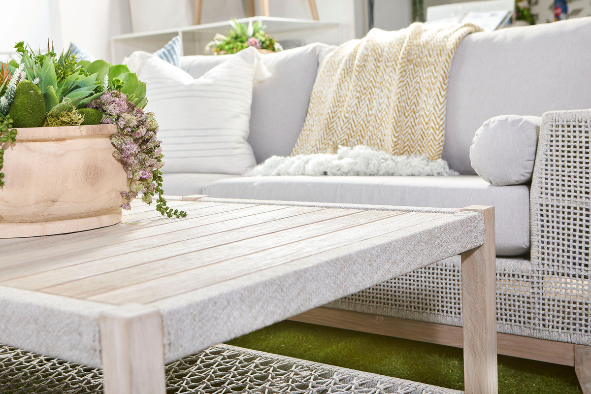 Wrap Outdoor Coffee Table in Taupe & White Flat Rope, Gray Teak from Essentials For Living - Luna Furniture
