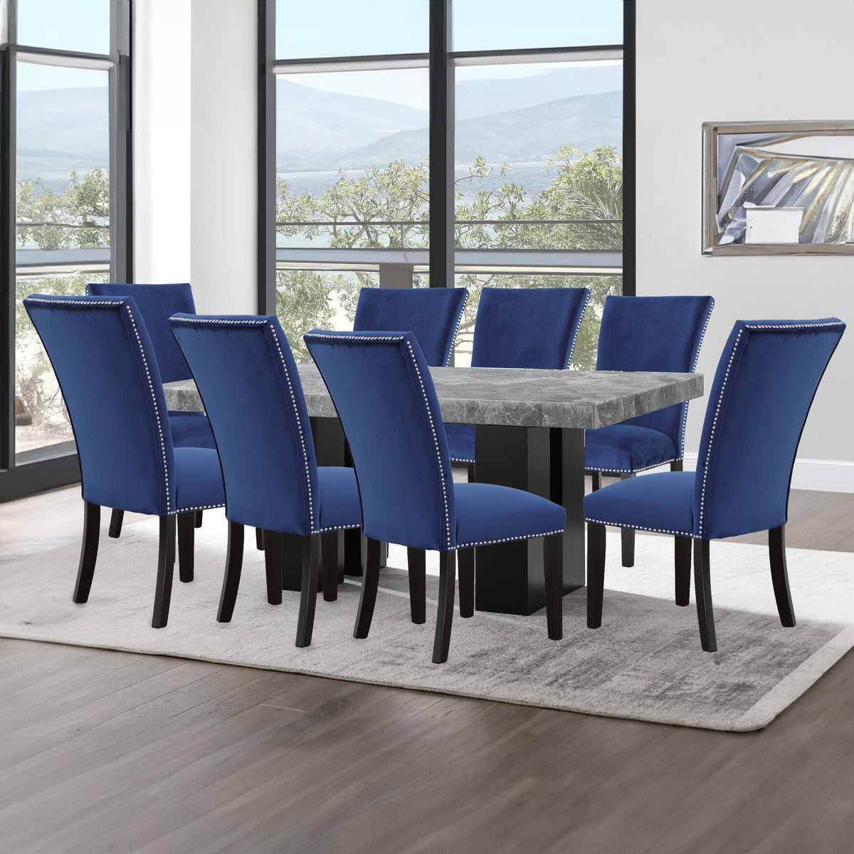 Camila Blue/Espresso 9-Piece Rectangle Gray Marble Top Dining Set from Steve Silver - Luna Furniture