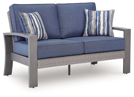 Half Moon Beach Blue/Gray Outdoor Loveseat with Cushion from Ashley Furniture - Luna Furniture