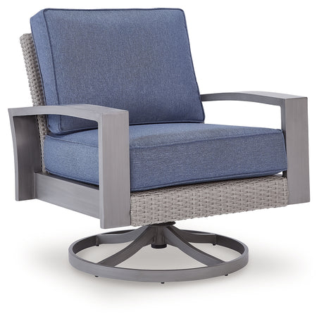 Half Moon Beach Blue/Gray Outdoor Swivel Lounge Chair with Cushion from Ashley Furniture - Luna Furniture