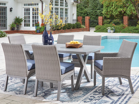 Half Moon Beach Outdoor Dining table with 2 Arm Chairs and 4 Side Chairs in Gray from Ashley Furniture - Luna Furniture
