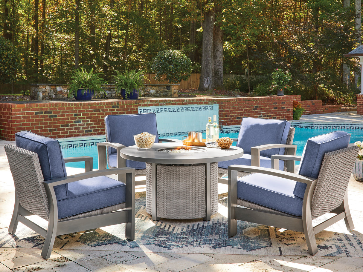 Half Moon Beach Outdoor Fire Pit Table and 4 Chairs in Gray from Ashley - Luna Furniture