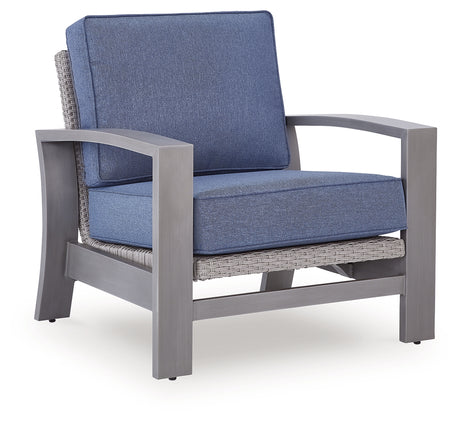 Half Moon Beach Outdoor Sofa and 2 Chairs with Coffee Table in Blue/Gray from Ashley - Luna Furniture