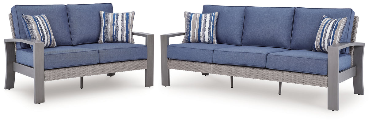 Half Moon Beach Outdoor Sofa and Loveseat in Blue/Gray from Ashley - Luna Furniture