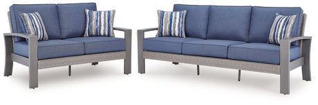 Half Moon Beach Outdoor Sofa and Loveseat in Blue/Gray from Ashley - Luna Furniture