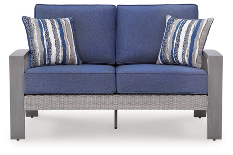 Half Moon Beach Outdoor Sofa and Loveseat with Coffee Table in Blue/Gray from Ashley Furniture - Luna Furniture