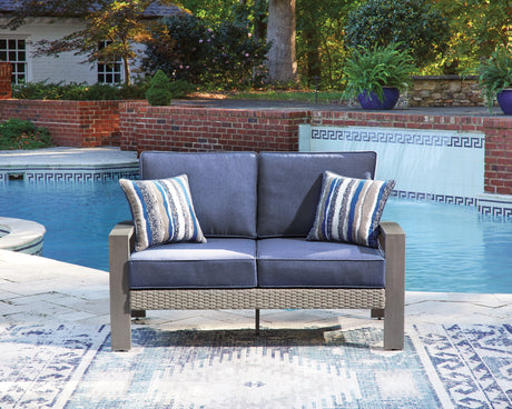 Half Moon Beach Outdoor Sofa and Loveseat with Coffee Table in Blue/Gray from Ashley Furniture - Luna Furniture