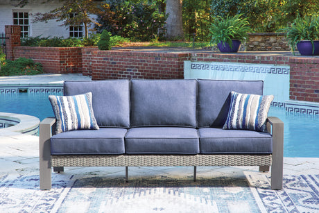Half Moon Beach Outdoor Sofa and Loveseat with Coffee Table in Blue/Gray from Ashley Furniture - Luna Furniture
