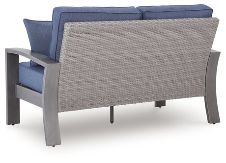 Half Moon Beach Outdoor Sofa and Loveseat with Coffee Table in Blue/Gray from Ashley Furniture - Luna Furniture