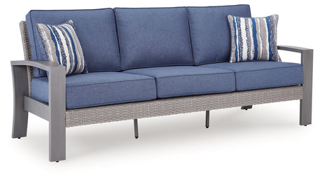 Half Moon Beach Outdoor Sofa and Loveseat with Coffee Table in Blue/Gray from Ashley Furniture - Luna Furniture