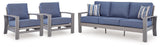 Half Moon Beach Outdoor Sofa with 2 Lounge Chairs in Blue/Gray from Ashley Furniture - Luna Furniture