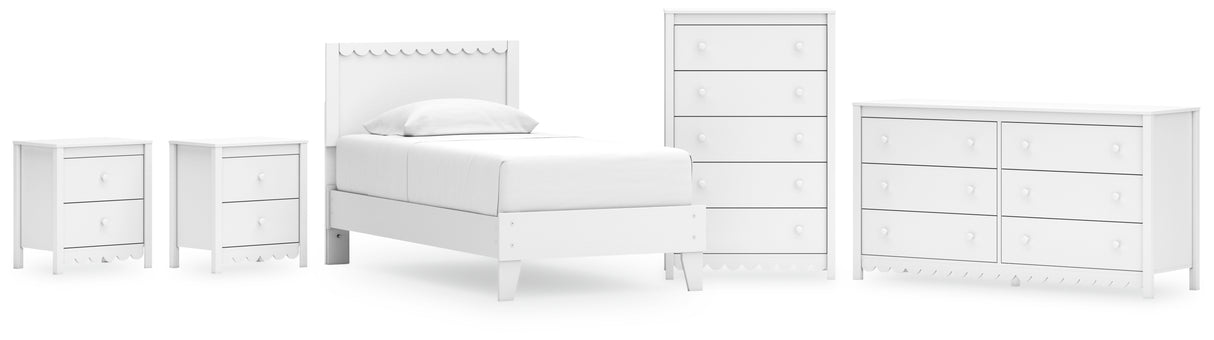Hallityn Twin Panel Platform Bed with Dresser, Chest and 2 Nightstands in White from Ashley - Luna Furniture