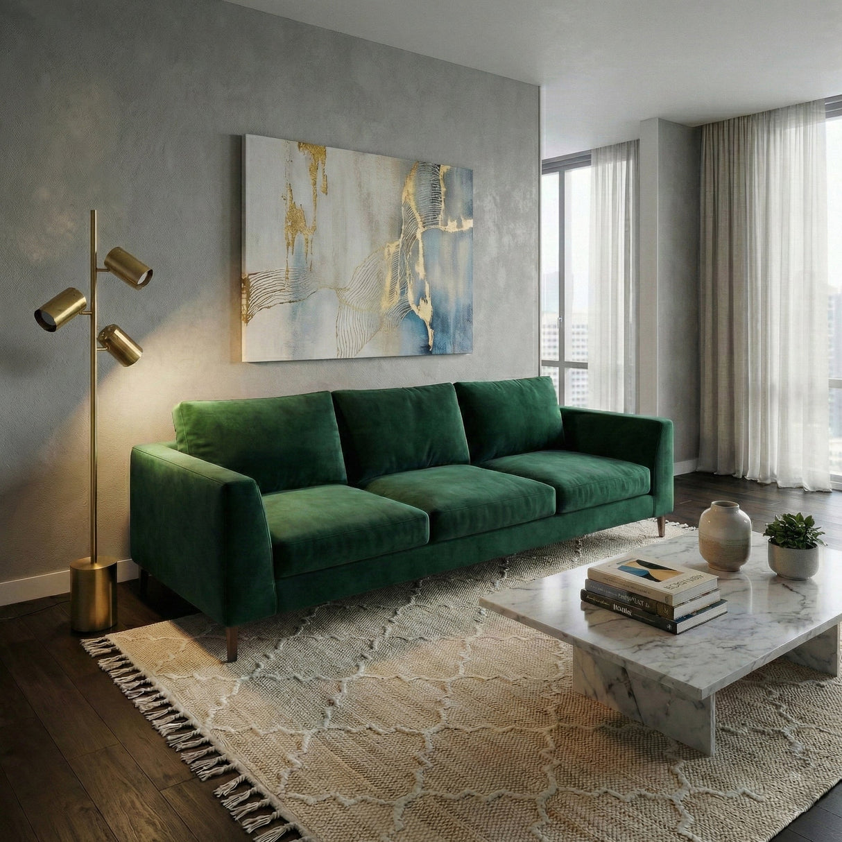 Harmony Brassed Gold Floor Lamp with Rotary Switch Triple Spots Metal Block Base from Ashcroft Furniture - Luna Furniture
