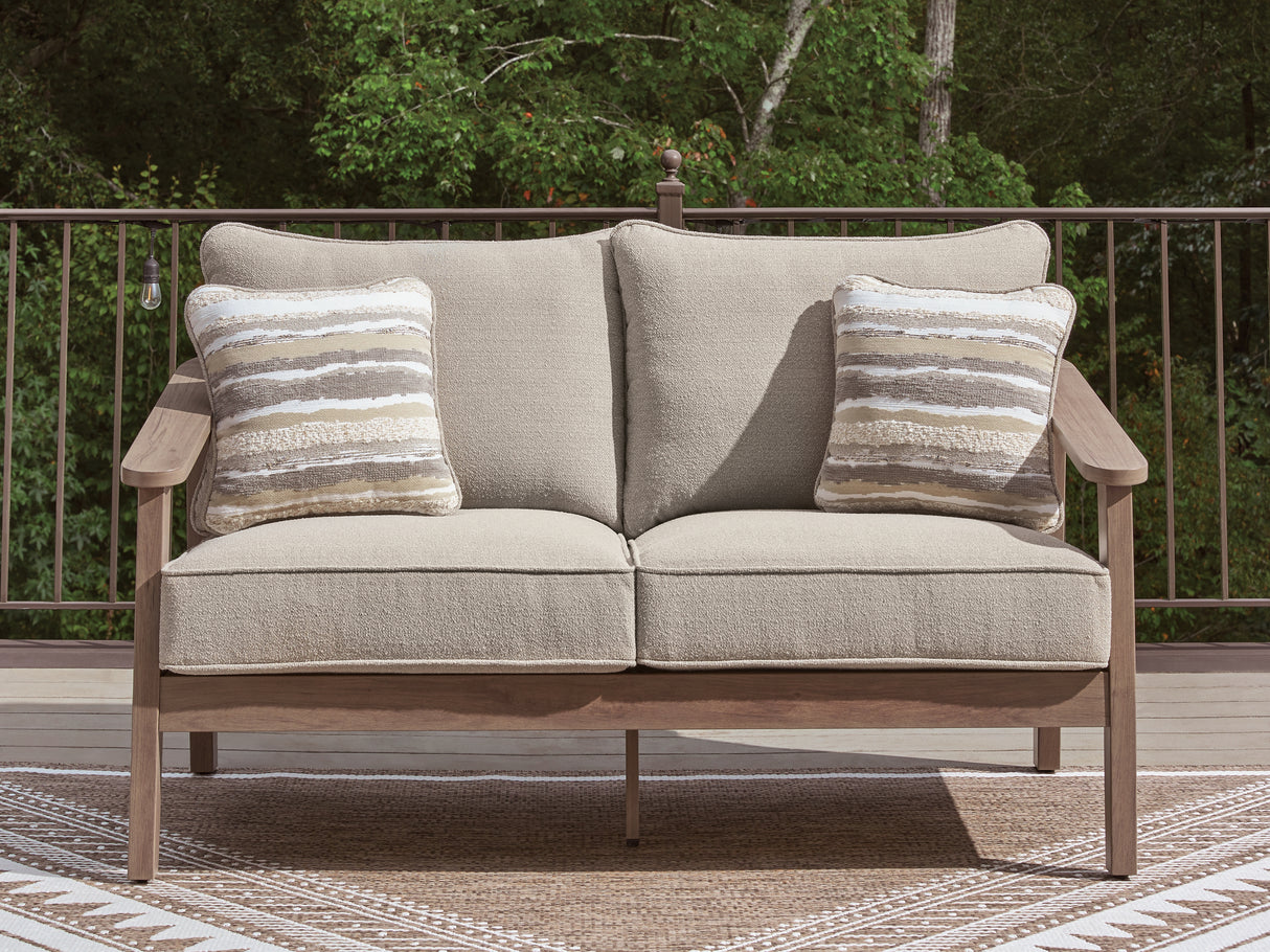 Harmony Headlands Natural/Gray Outdoor Loveseat with Cushion from Ashley - Luna Furniture