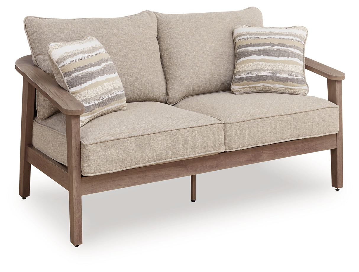 Harmony Headlands Natural/Gray Outdoor Loveseat with Cushion from Ashley - Luna Furniture