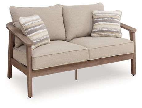 Harmony Headlands Natural/Gray Outdoor Loveseat with Cushion from Ashley - Luna Furniture