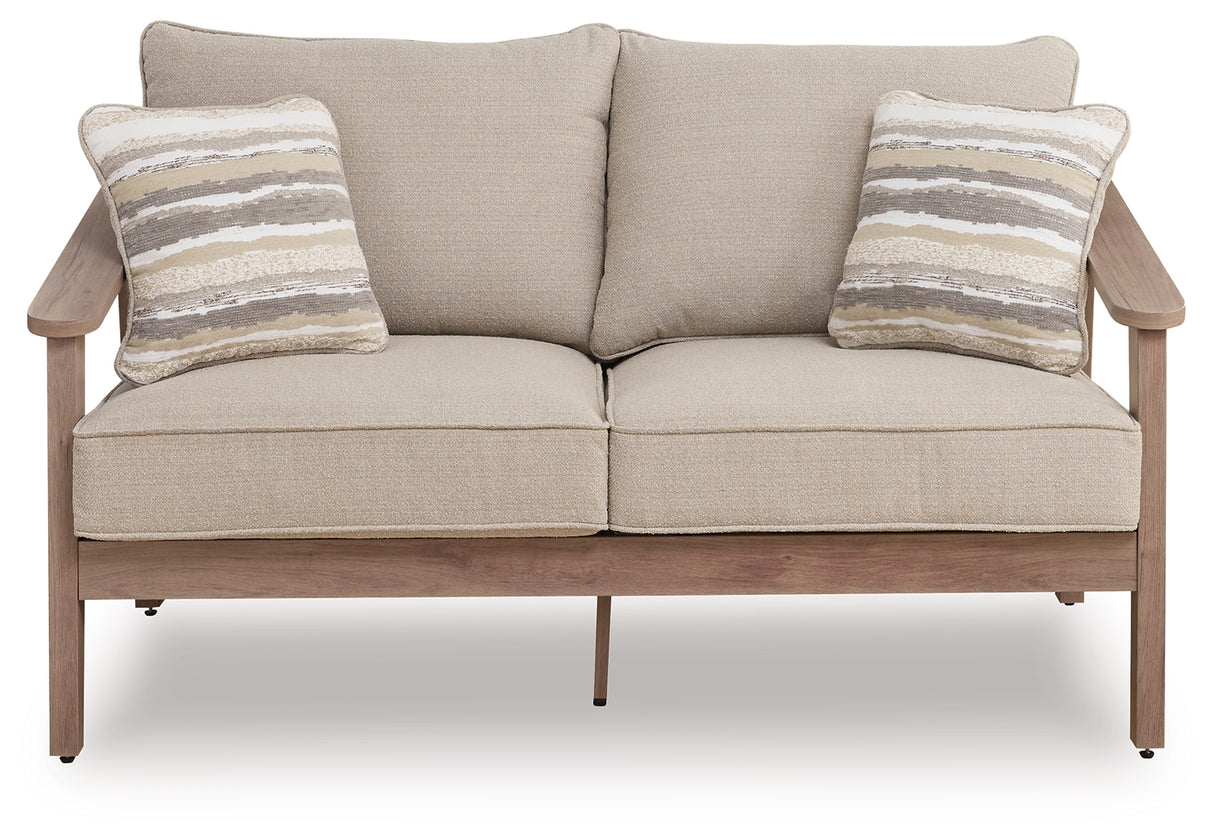 Harmony Headlands Natural/Gray Outdoor Loveseat with Cushion from Ashley - Luna Furniture