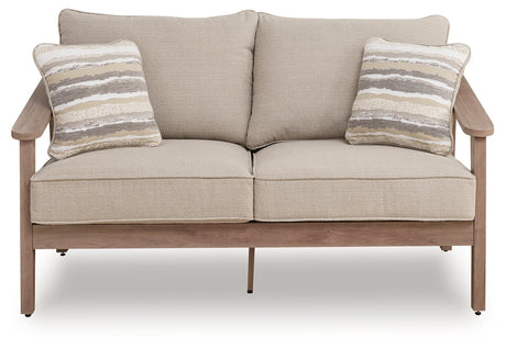 Harmony Headlands Natural/Gray Outdoor Loveseat with Cushion from Ashley - Luna Furniture