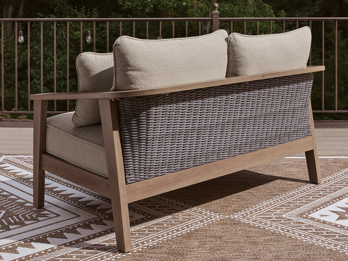 Harmony Headlands Natural/Gray Outdoor Loveseat with Cushion from Ashley - Luna Furniture