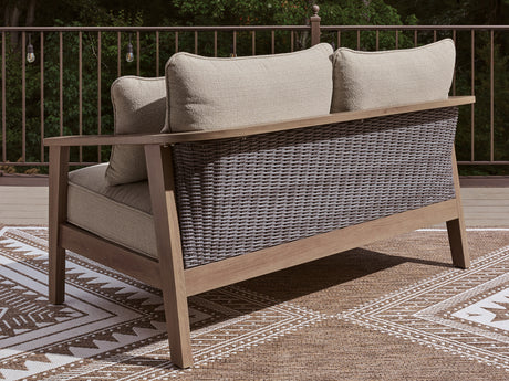 Harmony Headlands Natural/Gray Outdoor Loveseat with Cushion from Ashley - Luna Furniture