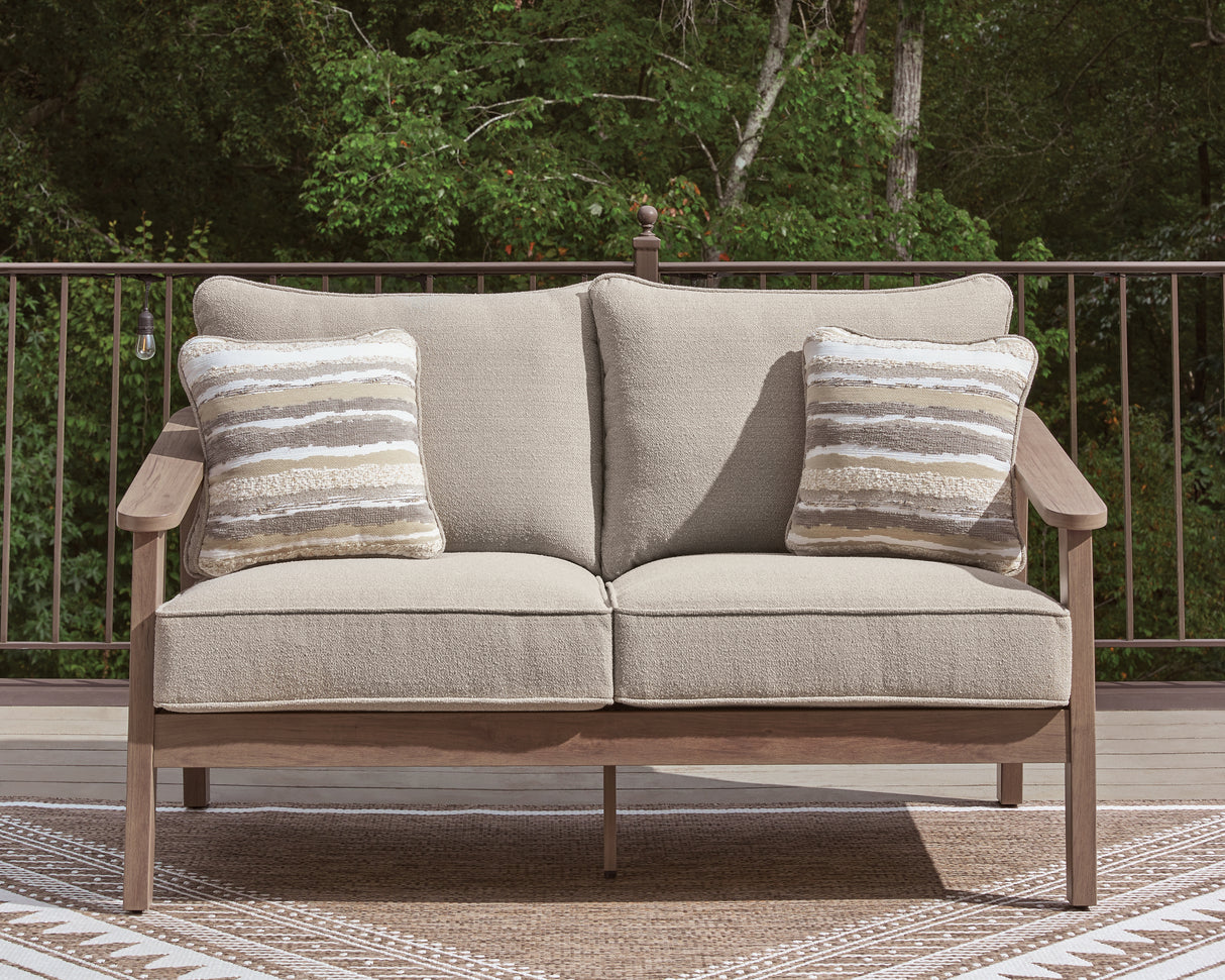 Harmony Headlands Outdoor Sofa and Loveseat with Coffee Table in Natural/Gray from Ashley Furniture - Luna Furniture