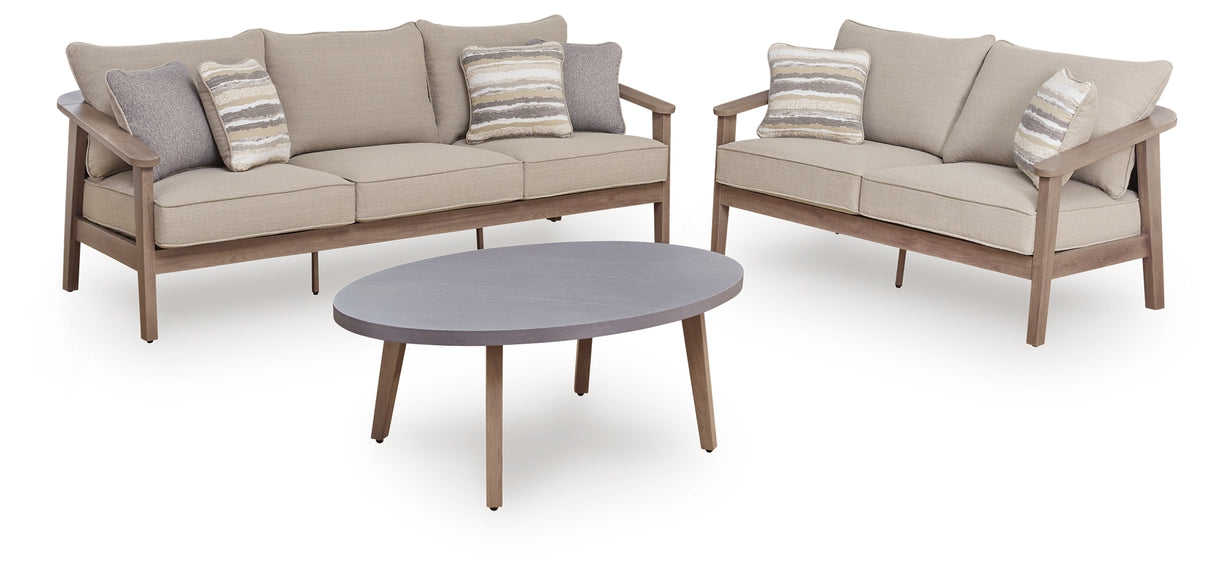 Harmony Headlands Outdoor Sofa and Loveseat with Coffee Table in Natural/Gray from Ashley Furniture - Luna Furniture