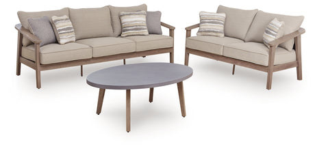 Harmony Headlands Outdoor Sofa and Loveseat with Coffee Table in Natural/Gray from Ashley - Luna Furniture