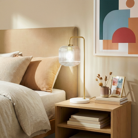 Haven Clear Glass Table Lamp, Gold Brush Metal and Marble Base, Button Control from Ashcroft Furniture - Luna Furniture