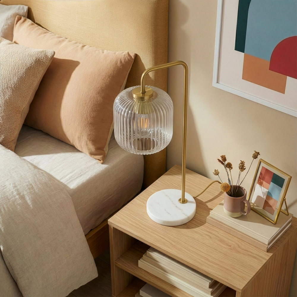 Haven Clear Glass Table Lamp, Gold Brush Metal and Marble Base, Button Control from Ashcroft Furniture - Luna Furniture