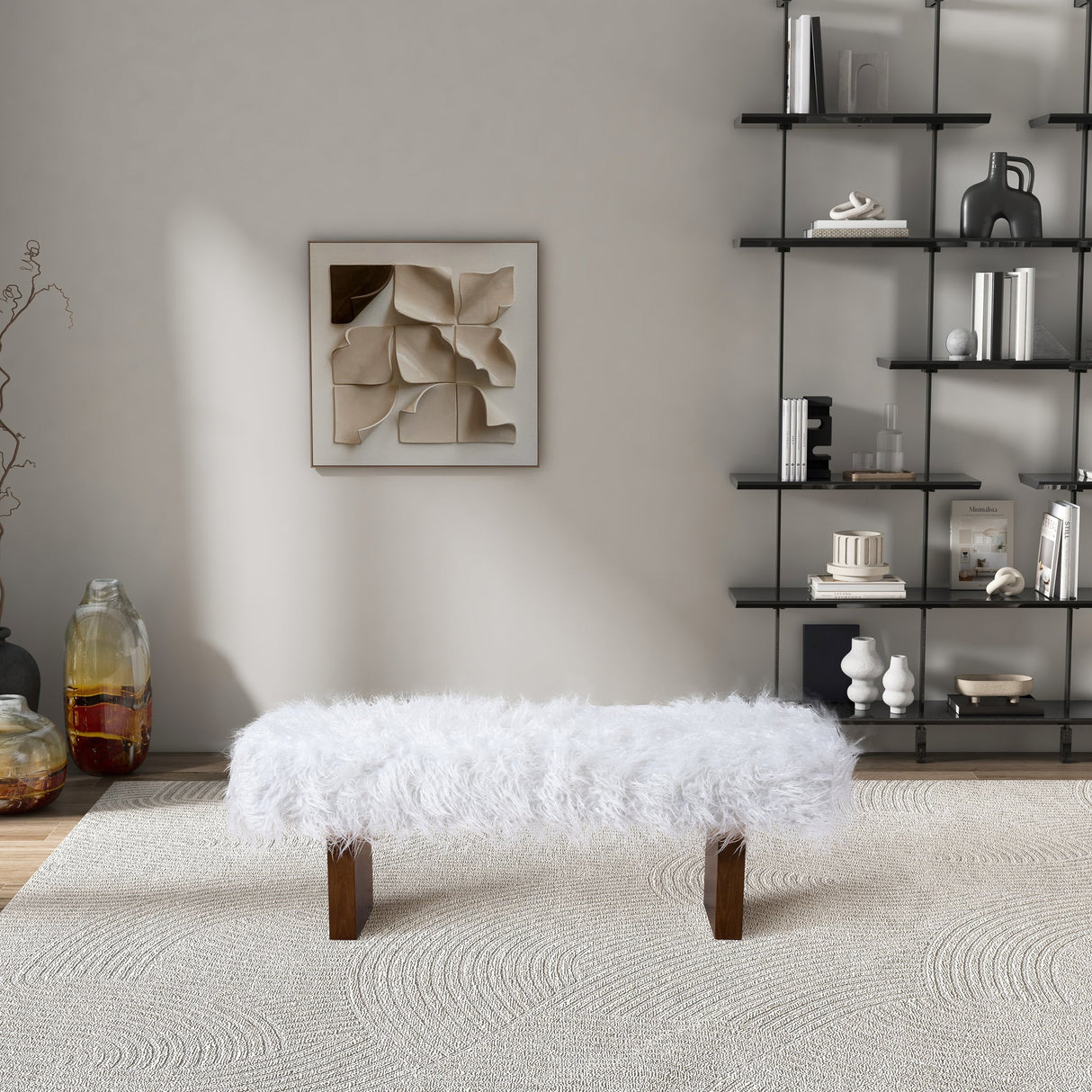 Henley White Khaki Fur Bench from Midinmod - Luna Furniture