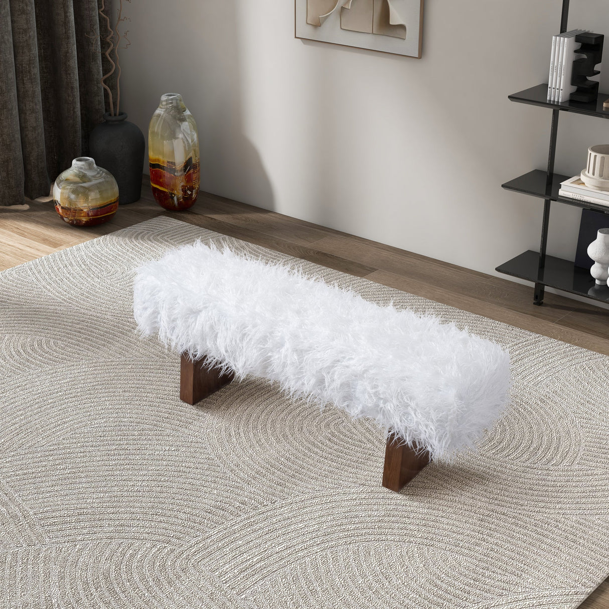 Henley White Khaki Fur Bench from Midinmod - Luna Furniture