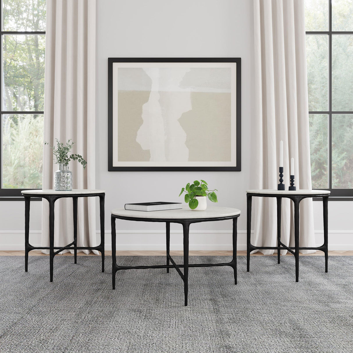 Hermas White and Black 3-Piece Round Marble Coffee and End Table Set from Coaster - Luna Furniture