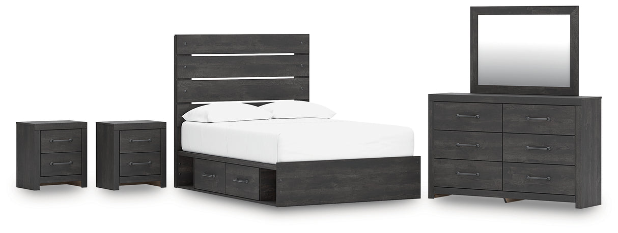 Hollivern Full Panel Bed with Storage with Mirrored Dresser and 2 Nightstands in Dark Gray from Ashley - Luna Furniture