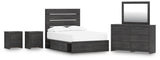 Hollivern Full Panel Bed with Storage with Mirrored Dresser and 2 Nightstands in Dark Gray from Ashley - Luna Furniture