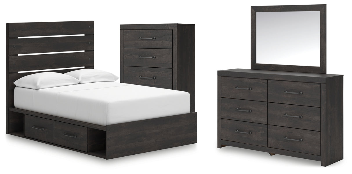 Hollivern Full Panel Bed with Storage with Mirrored Dresser and Chest in Dark Gray from Ashley - Luna Furniture